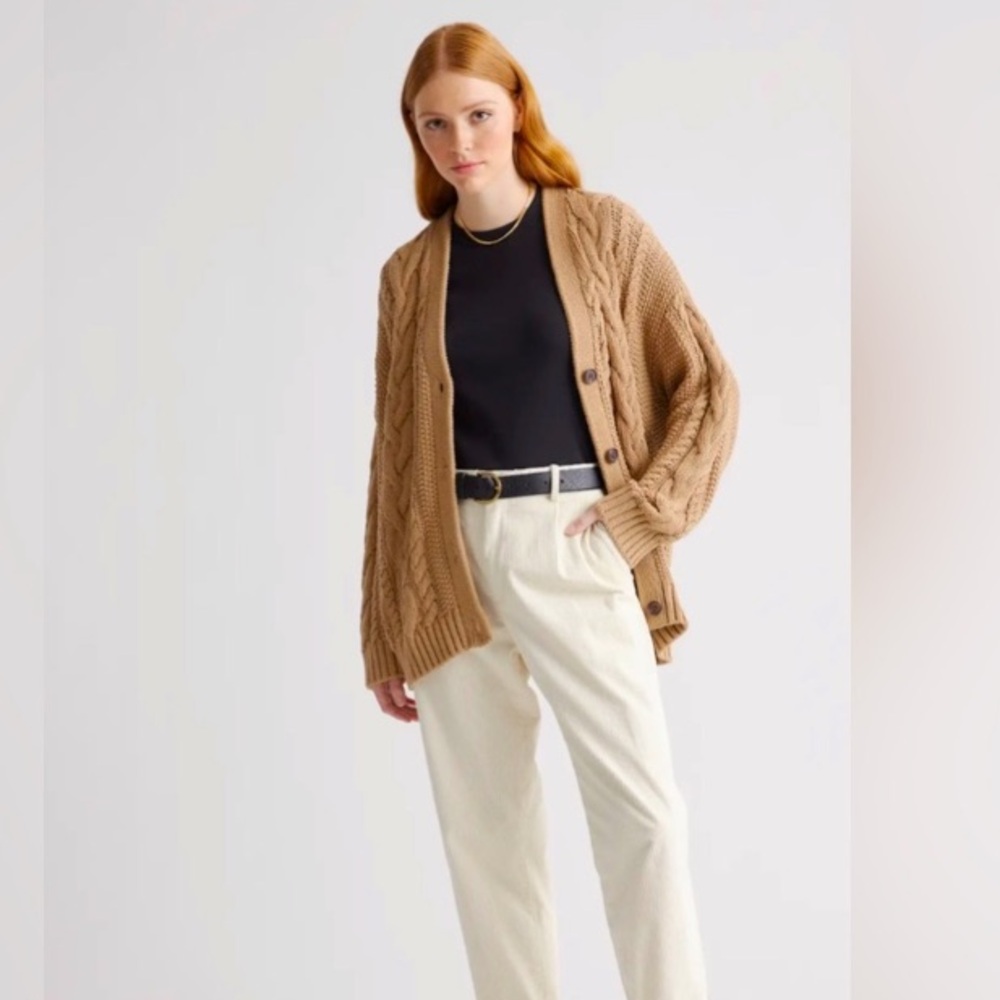 Quince Organic Cotton camel-colored Cable Oversized Cardigan Sweater